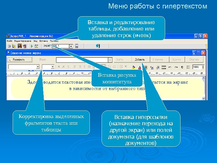 Меню работы с гипертекстом Вставка и редактирование таблицы, добавление или удаление строк (ячеек) Вставка