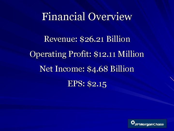 Financial Overview Revenue: $26. 21 Billion Operating Profit: $12. 11 Million Net Income: $4.