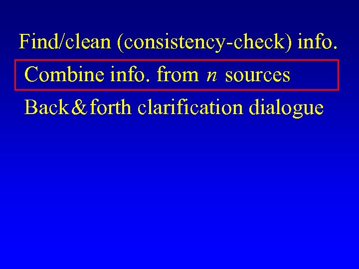 Find/clean (consistency-check) info. Combine info. from n sources Back & forth clarification dialogue 