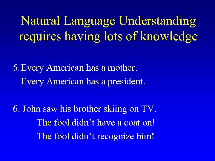 Natural Language Understanding requires having lots of knowledge 5. Every American has a mother.