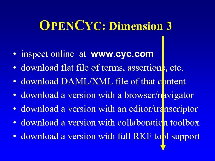 OPENCYC: Dimension 3 • • inspect online at www. cyc. com download flat file