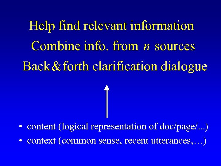 Help find relevant information Combine info. from n sources Back & forth clarification dialogue
