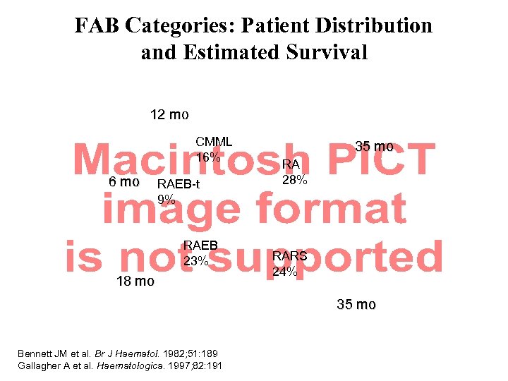 FAB Categories: Patient Distribution and Estimated Survival 12 mo CMML 16% 6 mo RAEB-t