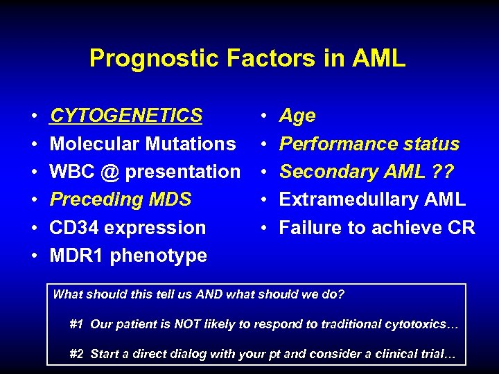 Prognostic Factors in AML • • • CYTOGENETICS Molecular Mutations WBC @ presentation Preceding