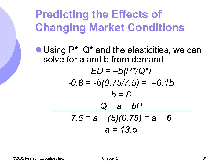 Predicting the Effects of Changing Market Conditions l Using P*, Q* and the elasticities,