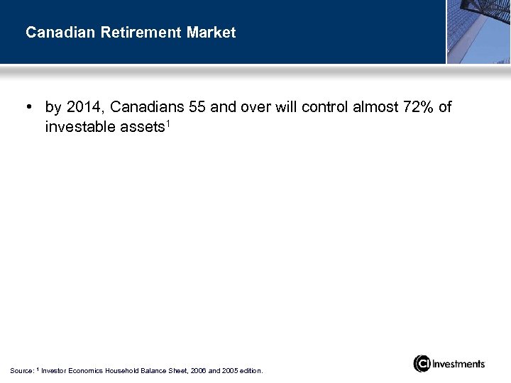 Canadian Retirement Market • by 2014, Canadians 55 and over will control almost 72%