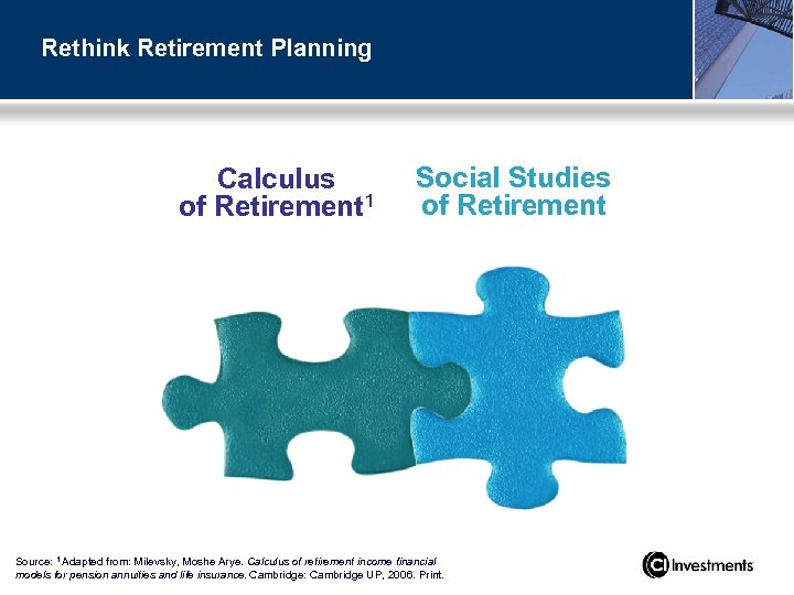 Rethink Retirement Planning Calculus of Retirement 1 Social Studies of Retirement Source: 1 Adapted