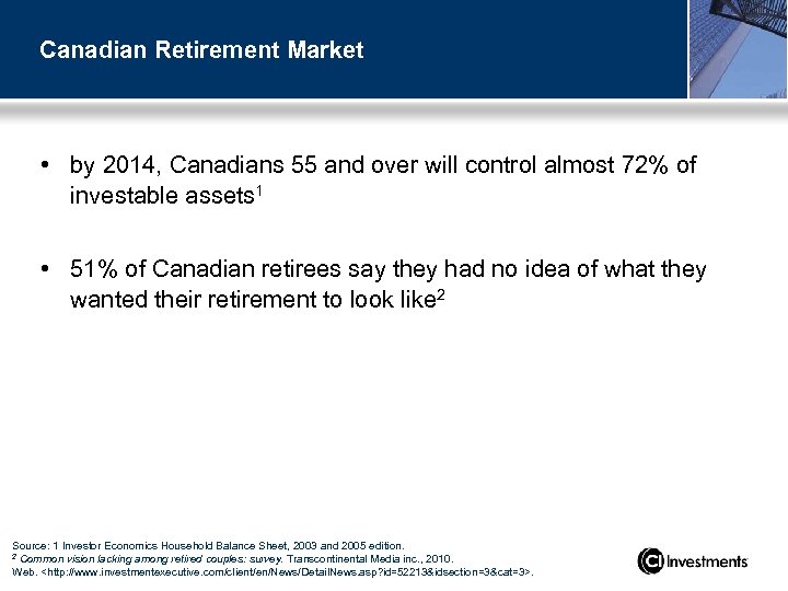 Canadian Retirement Market • by 2014, Canadians 55 and over will control almost 72%