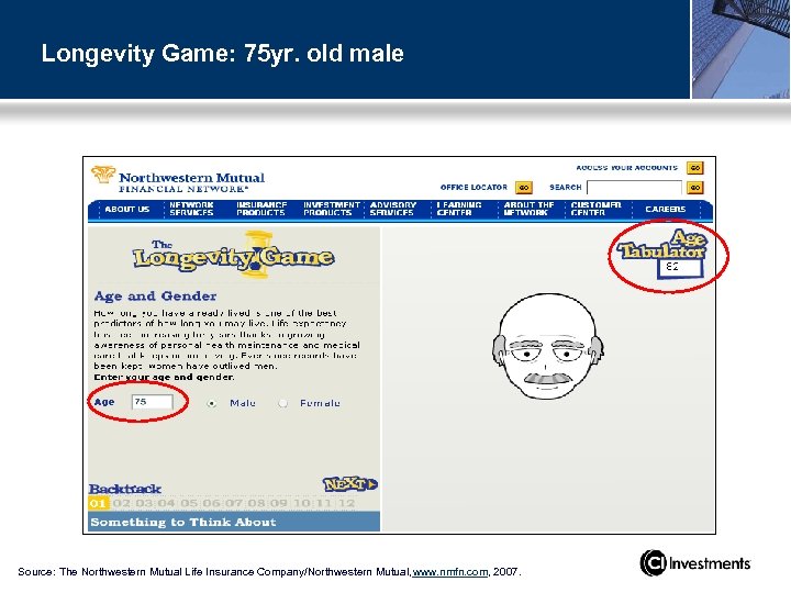 Longevity Game: 75 yr. old male Source: The Northwestern Mutual Life Insurance Company/Northwestern Mutual,