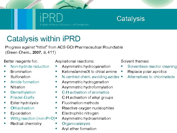 Catalysis within i. PRD Progress against “hitlist” from ACS GCI Pharmaceutical Roundtable (Green Chem.