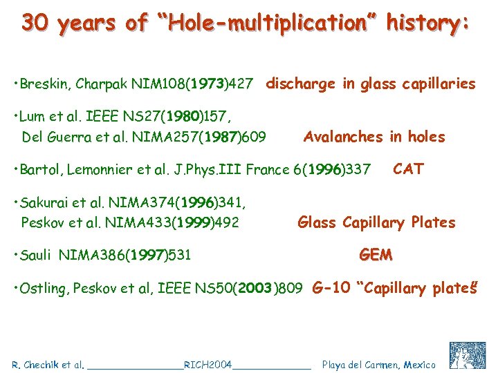 30 years of “Hole-multiplication” history: • Breskin, Charpak NIM 108(1973)427 discharge in glass capillaries