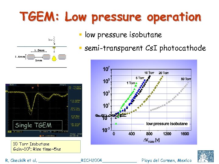 TGEM: Low pressure operation § low pressure isobutane § semi-transparent Cs. I photocathode Single