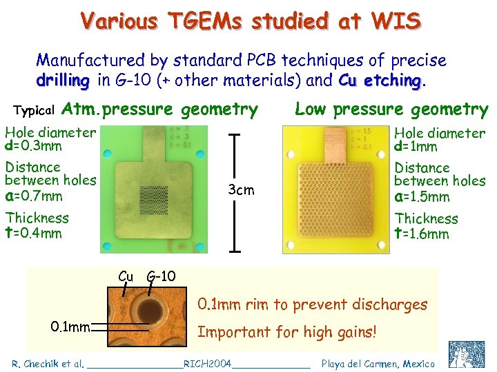 Various TGEMs studied at WIS Manufactured by standard PCB techniques of precise drilling in