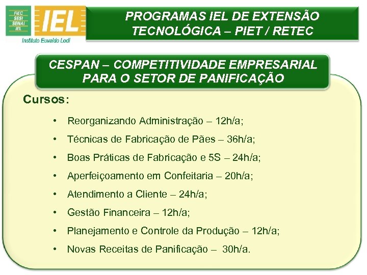 PROGRAMAS IEL DE EXTENSÃO TECNOLÓGICA – PIET / RETEC CESPAN – COMPETITIVIDADE EMPRESARIAL PARA