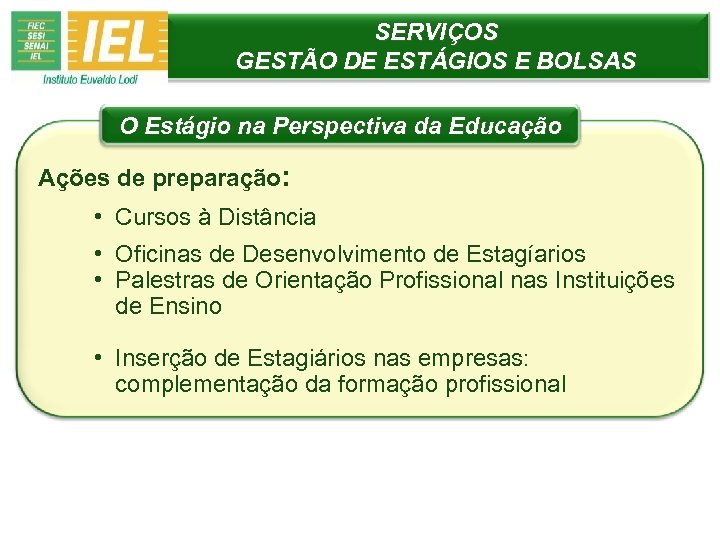 SERVIÇOS GESTÃO DE ESTÁGIOS E BOLSAS O Estágio na Perspectiva da Educação Ações de