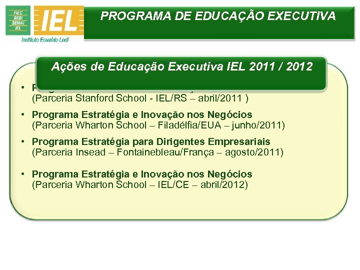 PROGRAMA DE EDUCAÇÃO EXECUTIVA Ações de Educação Executiva IEL 2011 / 2012 • Programa