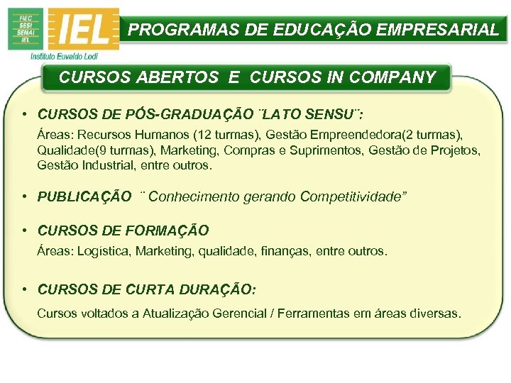 PROGRAMAS DE EDUCAÇÃO EMPRESARIAL CURSOS ABERTOS E CURSOS IN COMPANY • CURSOS DE PÓS-GRADUAÇÃO