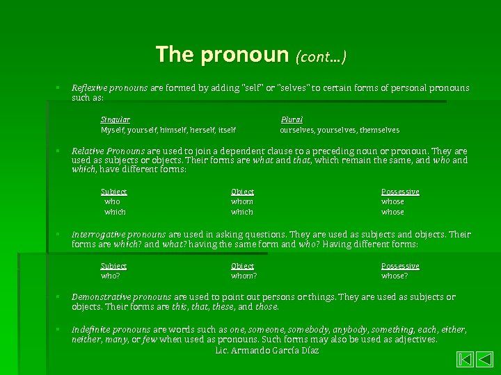 The pronoun (cont…) § Reflexive pronouns are formed by adding 
