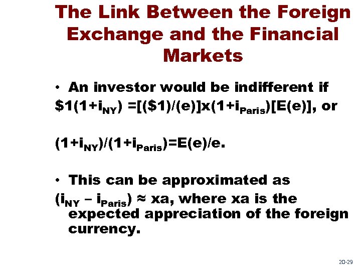 The Link Between the Foreign Exchange and the Financial Markets • An investor would