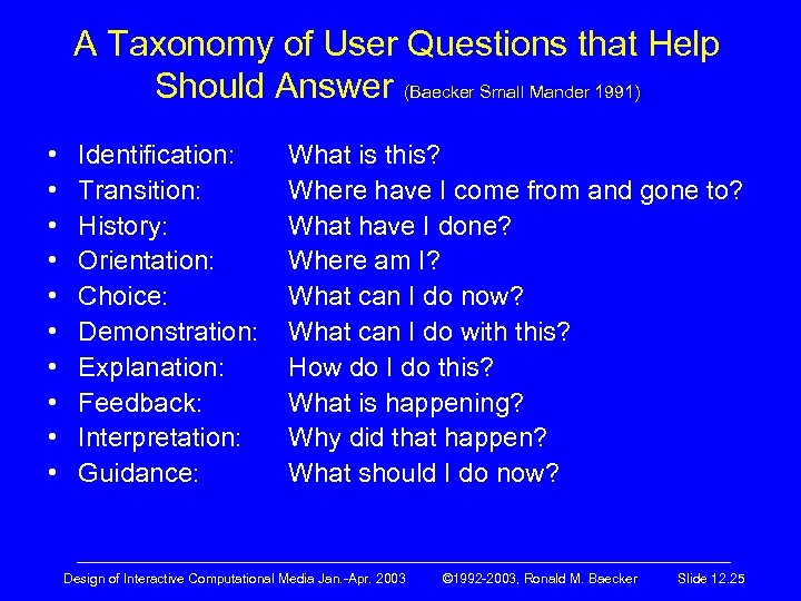 A Taxonomy of User Questions that Help Should Answer (Baecker Small Mander 1991) •