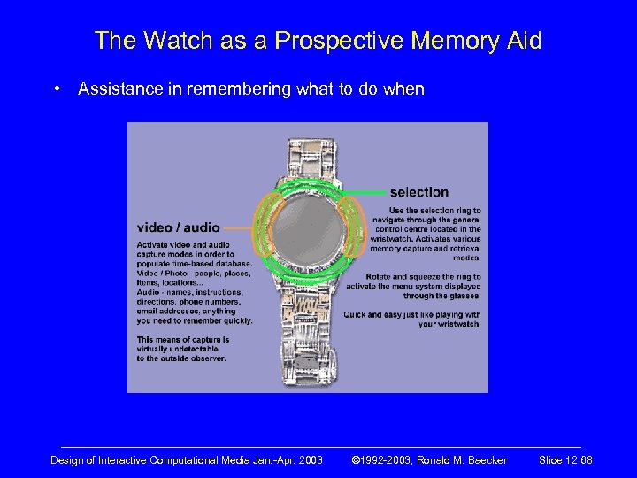 The Watch as a Prospective Memory Aid • Assistance in remembering what to do