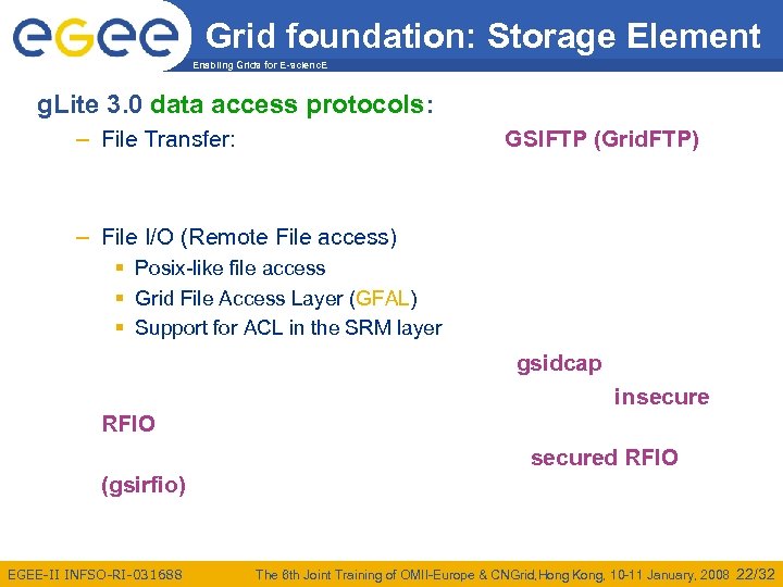 Grid foundation: Storage Element Enabling Grids for E-scienc. E g. Lite 3. 0 data
