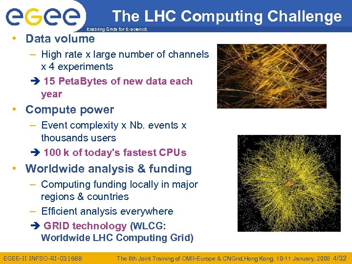 The LHC Computing Challenge Enabling Grids for E-scienc. E • Data volume – High