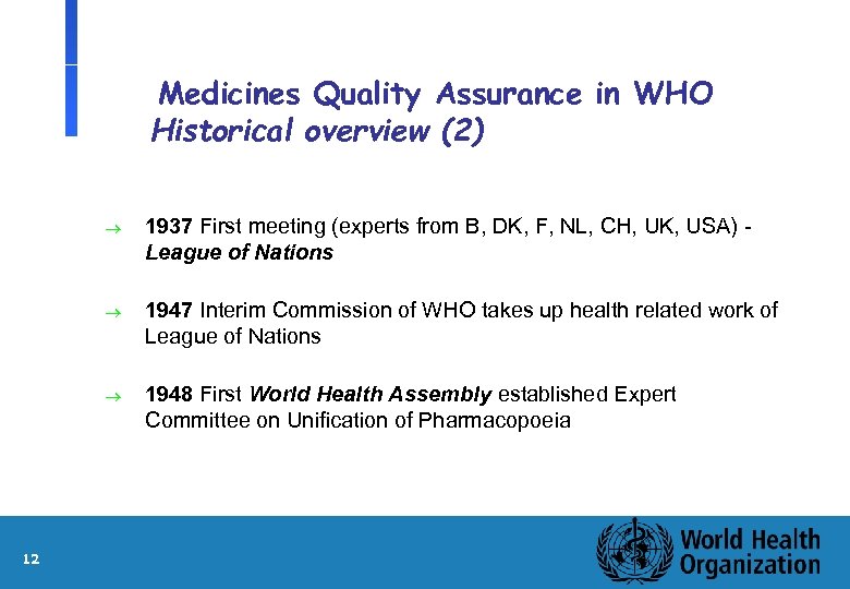 Medicines Quality Assurance in WHO Historical overview (2) ® ® 1947 Interim Commission of