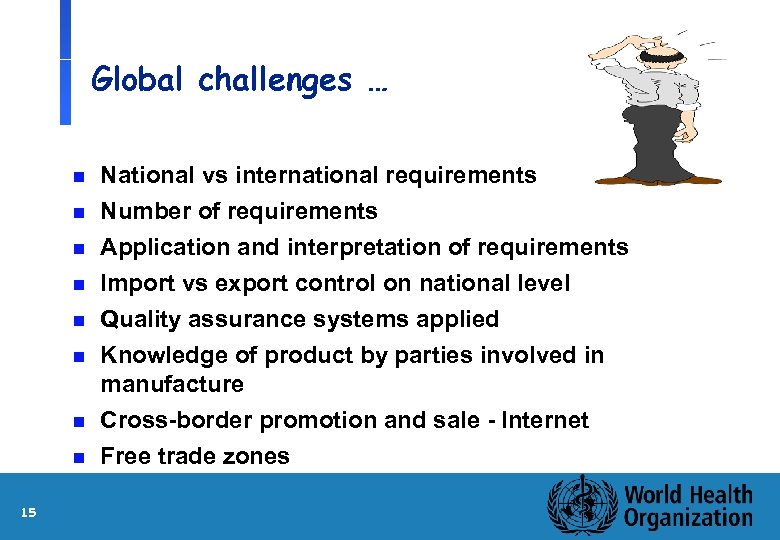 Global challenges … n National vs international requirements Number of requirements n Application and