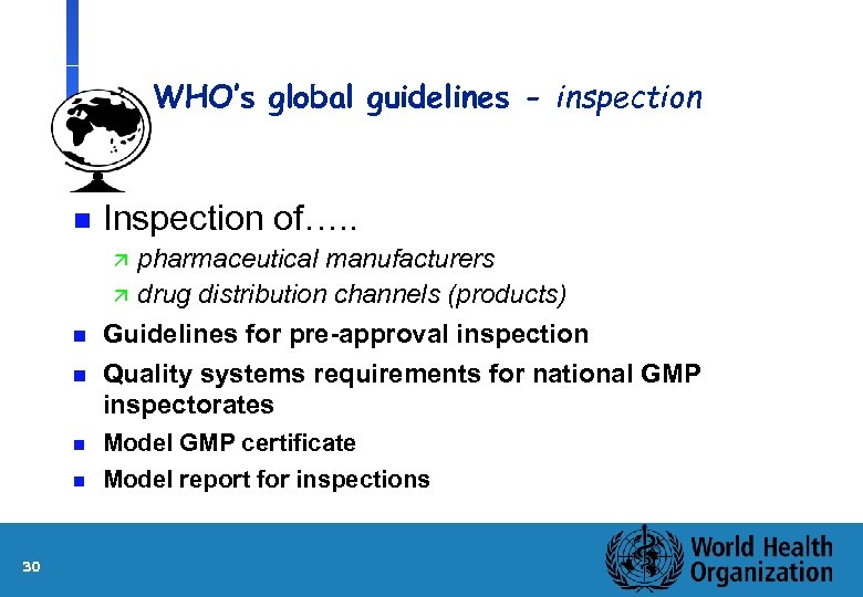 WHO’s global guidelines - inspection n Inspection of…. . n pharmaceutical manufacturers ä drug