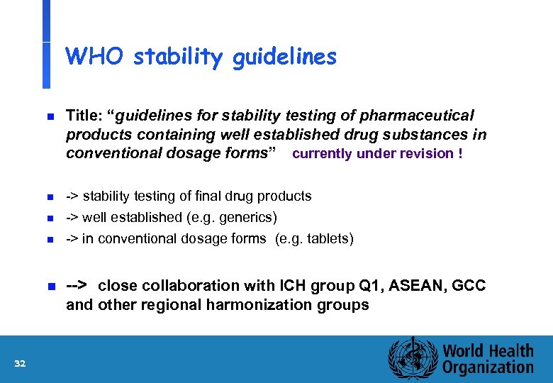 WHO stability guidelines n Title: “guidelines for stability testing of pharmaceutical products containing well