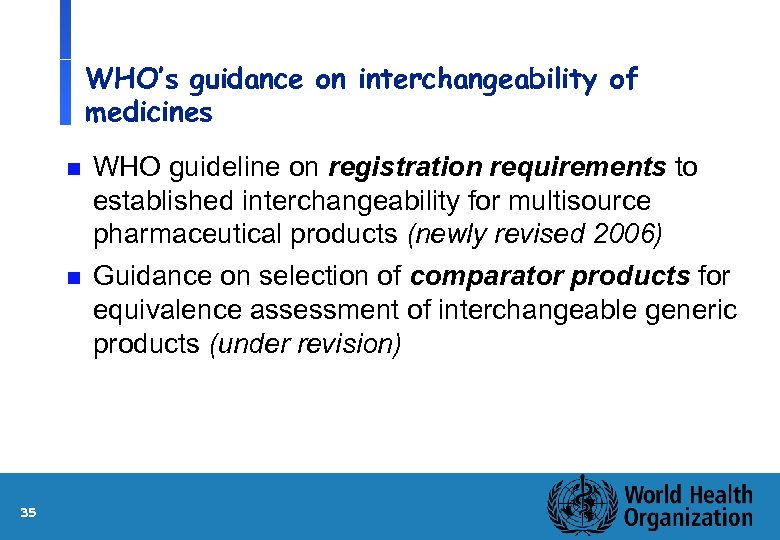 WHO’s guidance on interchangeability of medicines n n 35 WHO guideline on registration requirements