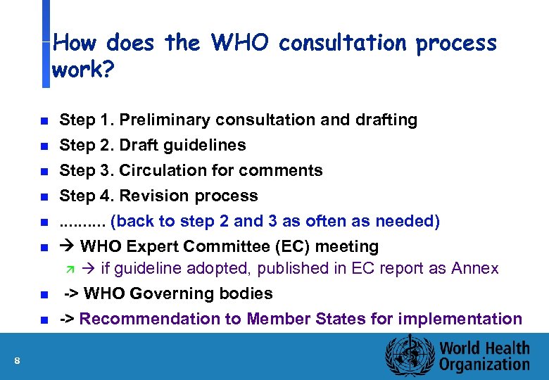 How does the WHO consultation process work? n n n n 8 Step 1.