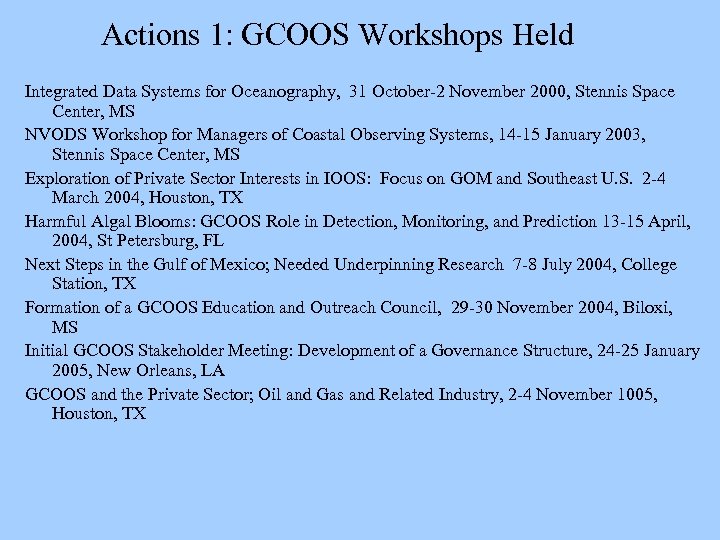 Actions 1: GCOOS Workshops Held Integrated Data Systems for Oceanography, 31 October-2 November 2000,