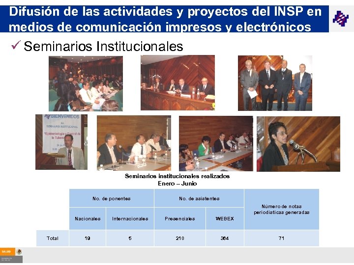 Difusión de las actividades y proyectos del INSP en medios de comunicación impresos y