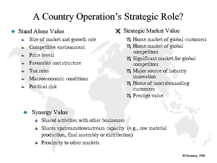 A Country Operation’s Strategic Role? Stand Alone Value Size of market and growth rate