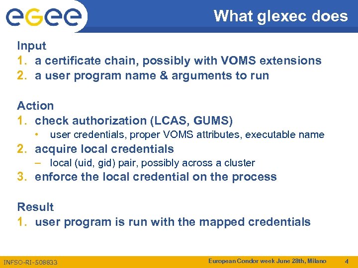 What glexec does Input 1. a certificate chain, possibly with VOMS extensions 2. a