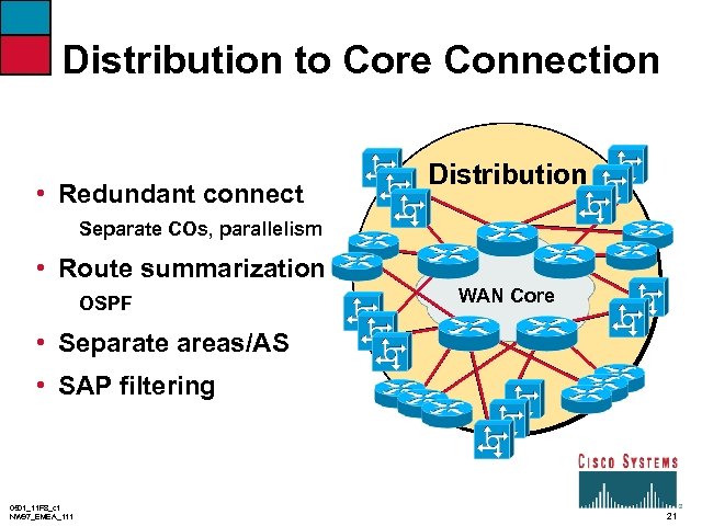 Distribution to Core Connection • Redundant connect Distribution Separate COs, parallelism • Route summarization