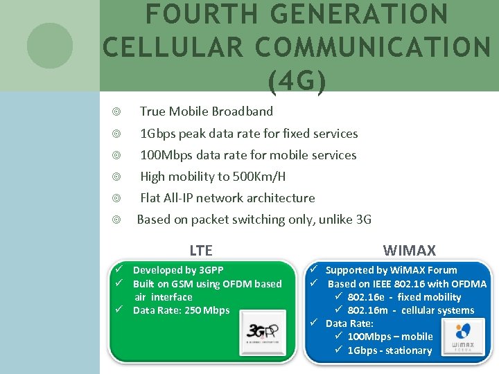 FOURTH GENERATION CELLULAR COMMUNICATION (4 G) True Mobile Broadband 1 Gbps peak data rate