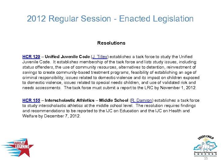 2012 Regular Session - Enacted Legislation Resolutions HCR 129 – Unified Juvenile Code (J.