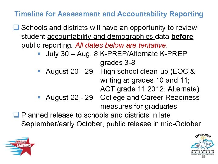 Timeline for Assessment and Accountability Reporting q Schools and districts will have an opportunity