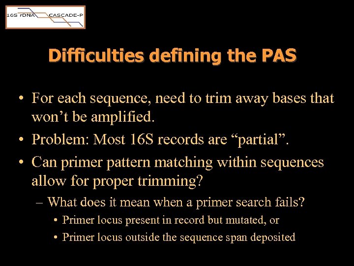Difficulties defining the PAS • For each sequence, need to trim away bases that