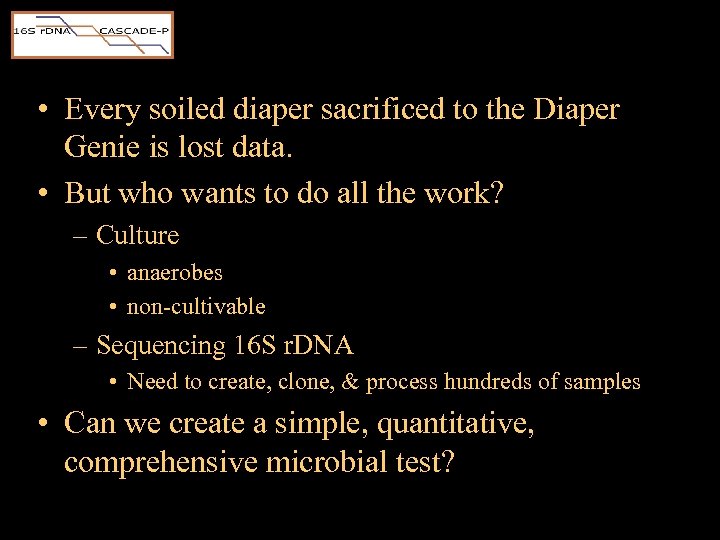  • Every soiled diaper sacrificed to the Diaper Genie is lost data. •