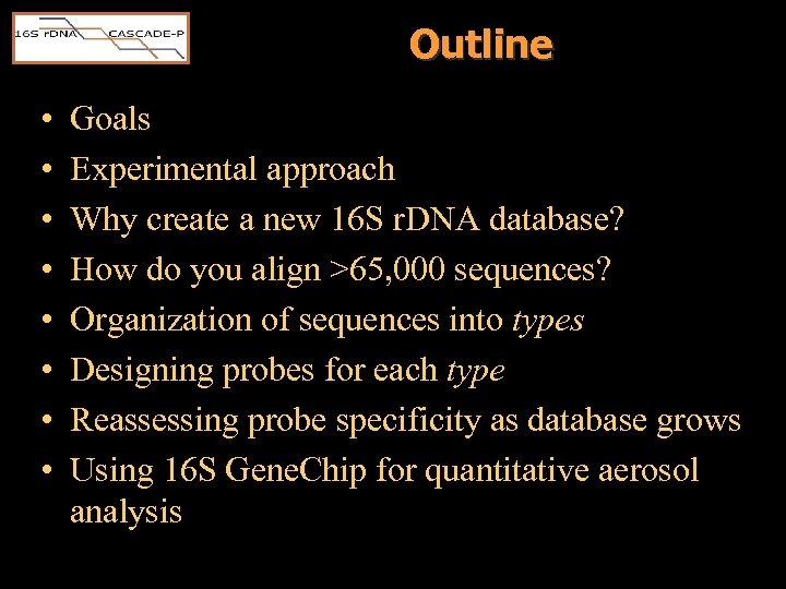 Outline • • Goals Experimental approach Why create a new 16 S r. DNA