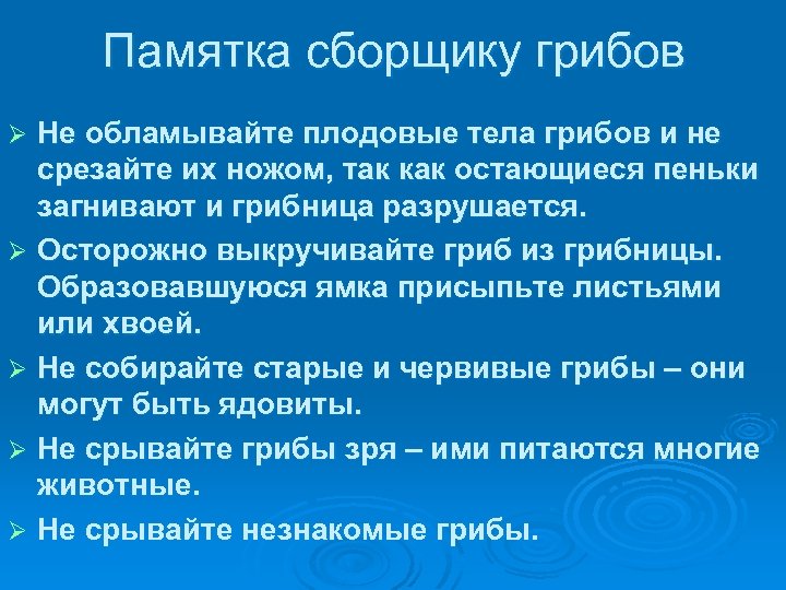 Памятка сборщику грибов Не обламывайте плодовые тела грибов и не срезайте их ножом, так