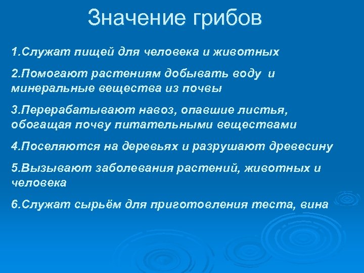 Значение грибов 1. Служат пищей для человека и животных 2. Помогают растениям добывать воду