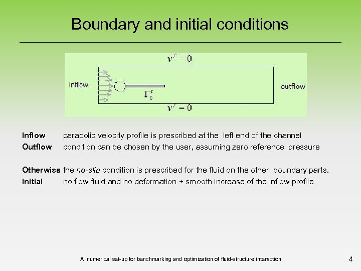 Boundary and initial conditions Inflow Outflow parabolic velocity profile is prescribed at the left