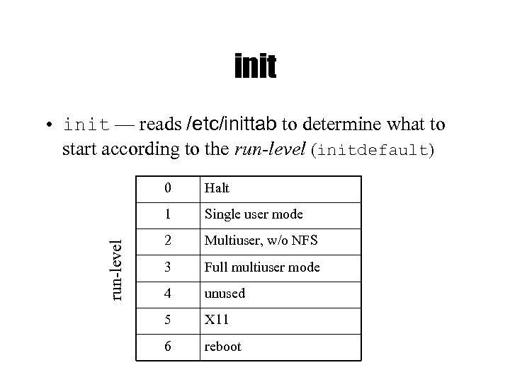 init • init — reads /etc/inittab to determine what to start according to the