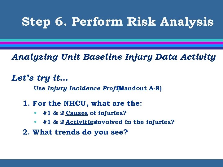 Step 6. Perform Risk Analysis Analyzing Unit Baseline Injury Data Activity Let’s try it…