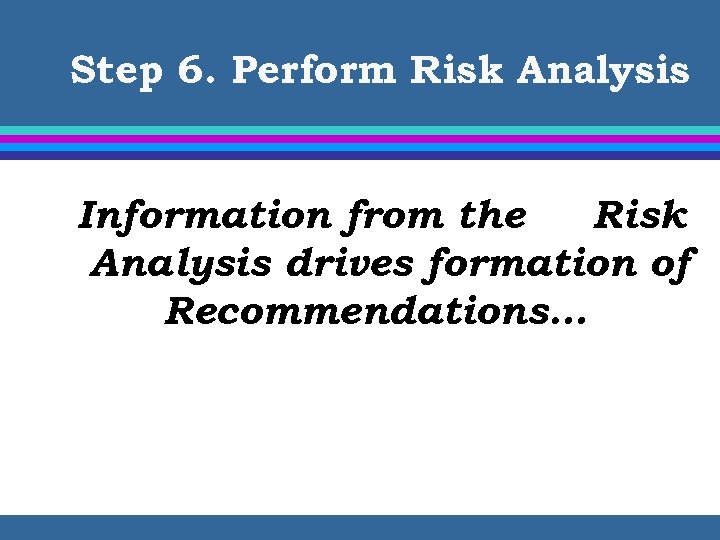 Step 6. Perform Risk Analysis Information from the Risk Analysis drives formation of Recommendations…